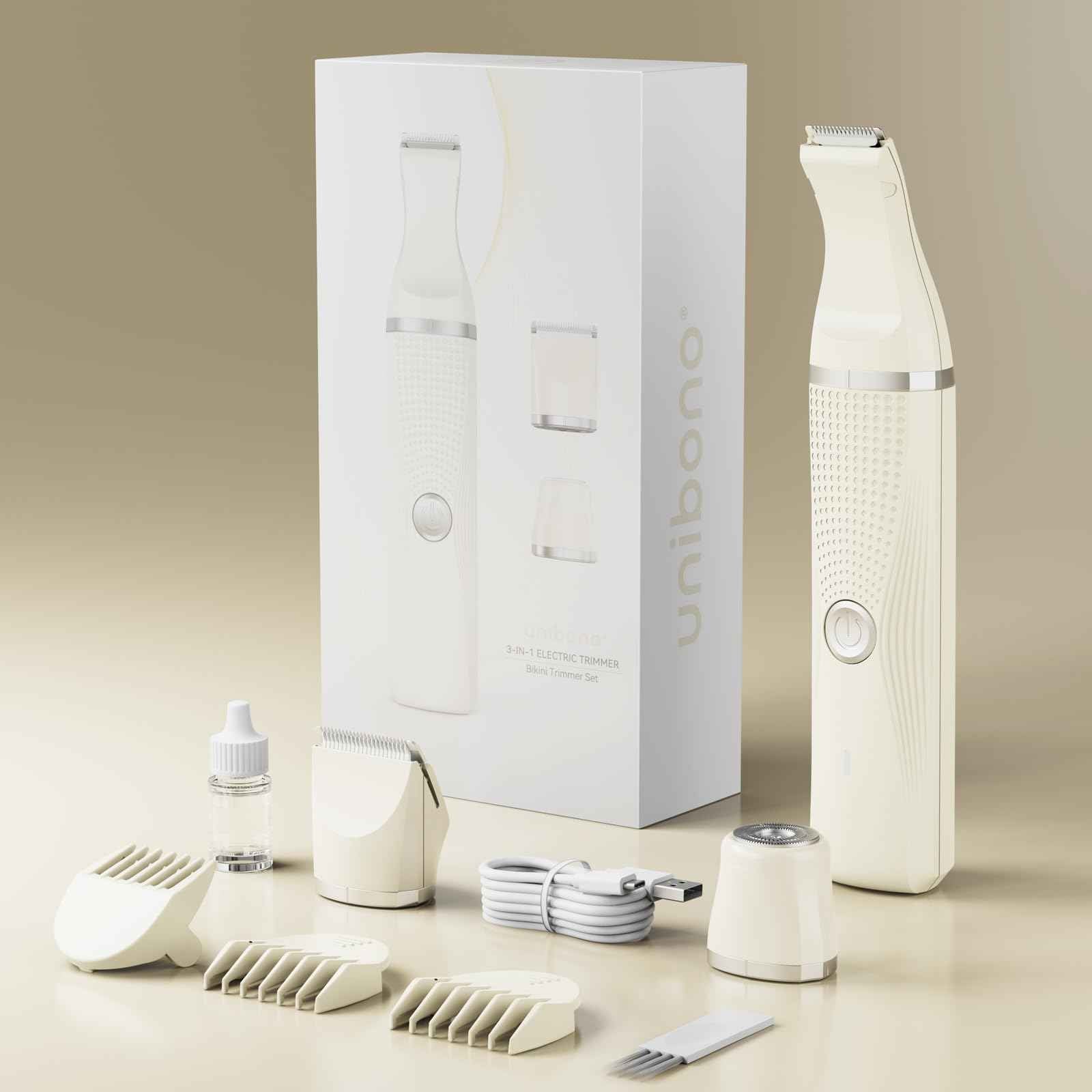 unibono 3-in-1 Electric Razor for Women - Waterproof Bikini Trimmer,Rechargeable Electric Shaver for Lady,Pubic Hair Trimmer Women,Personal Trimmer Groomer for Body Hair (Cream, LY)