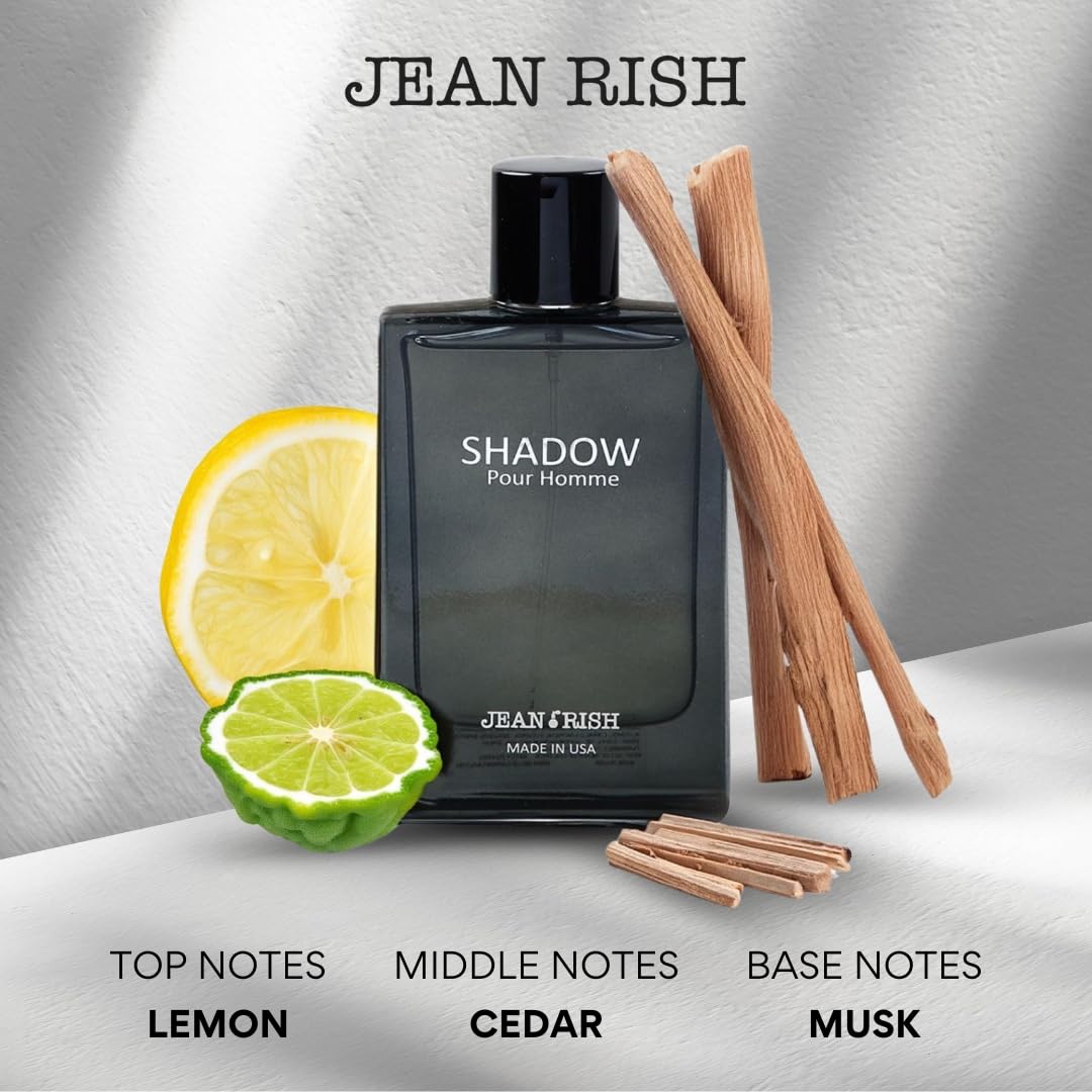 Jean Rish Shadow Pour Homme Perfume for Men Eau De Toilette, Long-Lasting Luxury Fragrance, Made In USA - Lemon, Lavender, Cedar, Musk Scent - 100ml / 3.4 oz