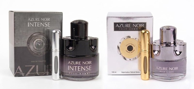 Azure Noir Fragrance Collection for Men - Intense Eau De Toilette 100ml Spray and Classic Pour Homme 100ml with 2-Refillable Travel Atomizers, Premium Cologne Gift Set, Luxury Men’s Fragrance