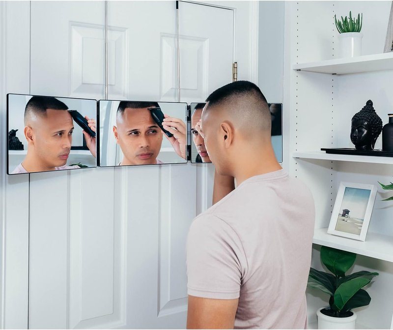 Self-Cut System 3-Way Mirror - Portable Trifold Hair Cutting Mirror | Impact-Resistant Glass, Fits Standard Door, 10.8” L x 1.3” W, Black