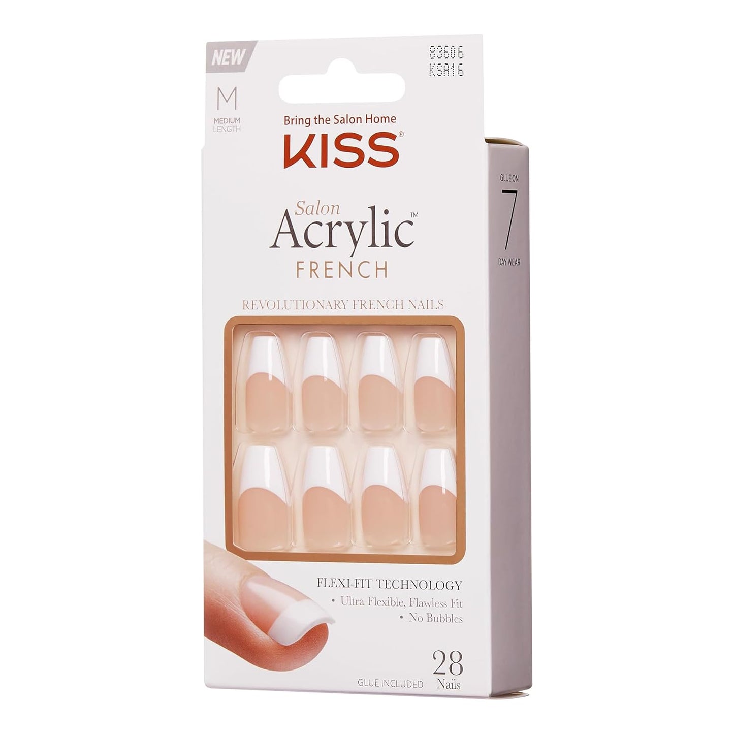 KISS Salon Acrylic French Nail Manicure Set, Medium Length, Square, “Je T'aime”, Nail Kit Includes Pink Gel Nail Glue (Net Wt. 2 g / 0.07oz.), Mini File, Manicure Stick, and 28 Fake Nails