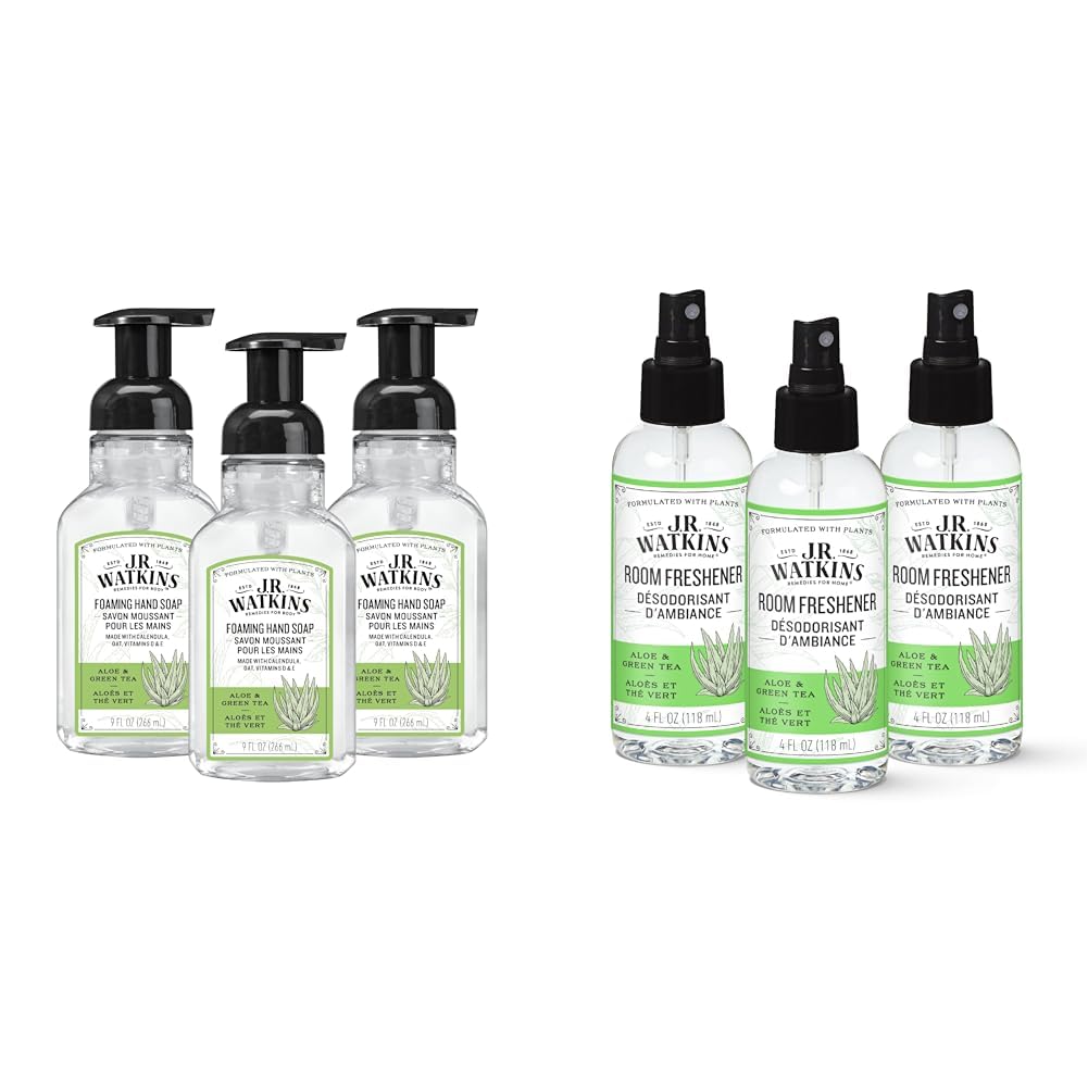 J.R. Watkins Bundle Aloe & Green Tea Foaming Hand Soap 9 fl oz 3 Pack + Aloe & Green Tea Room Freshener 4 fl oz 3 Pack