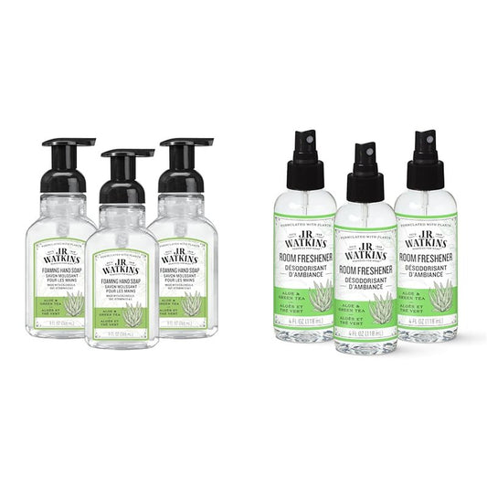 J.R. Watkins Bundle Aloe & Green Tea Foaming Hand Soap 9 fl oz 3 Pack + Aloe & Green Tea Room Freshener 4 fl oz 3 Pack