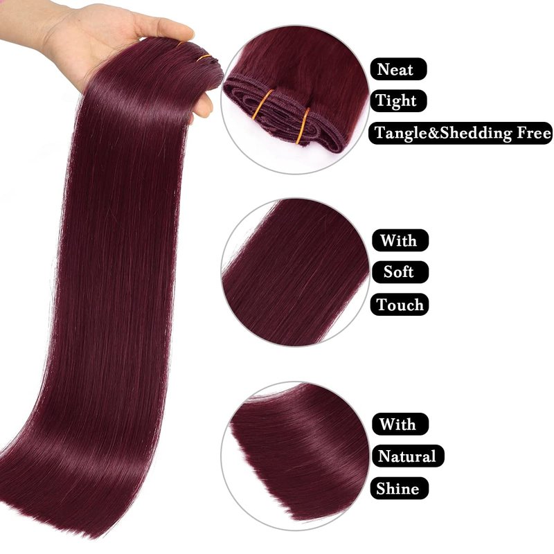 Burgundy Clip-In Hair Extensions | Real Human Hair 14-Inch Silky Straight 8 Pcs - Wine Red 99J, 60g