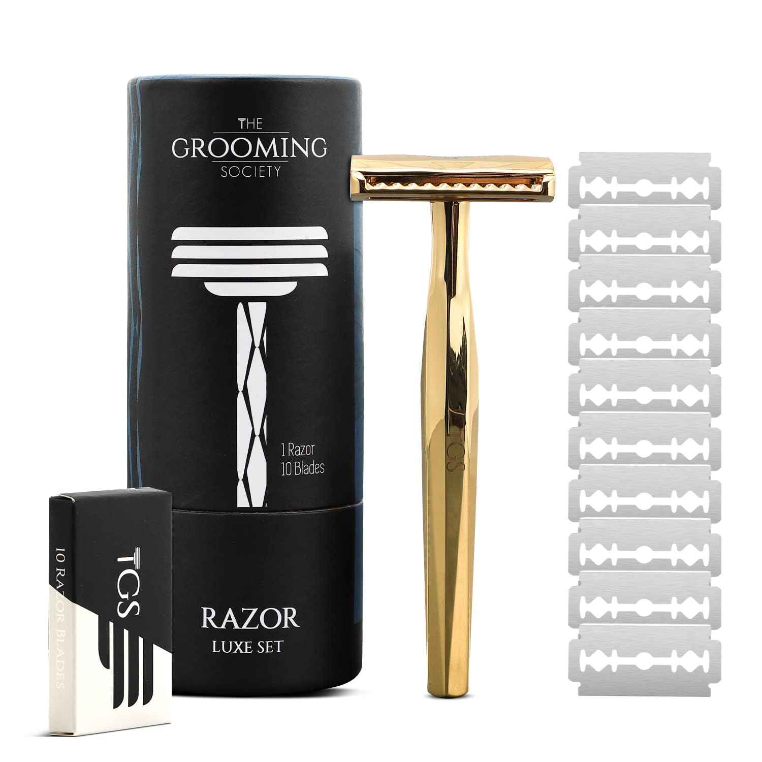The Grooming Society Double Edge Safety Razor, Classic for Men and Women, Reusable Safety Razor, Metal Long Handle Safety Razor, 10 Blade Refill