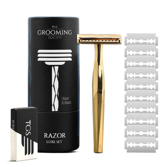 The Grooming Society Double Edge Safety Razor, Classic for Men and Women, Reusable Safety Razor, Metal Long Handle Safety Razor, 10 Blade Refill