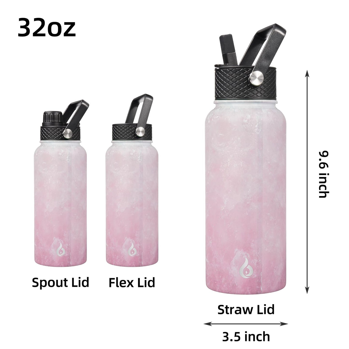 BJPKPK Insulated Water Bottles with Straw Lid, 32oz Metal Large Water Bottle with 3 Lids, Reusable Leak Proof BPA Free Thermo, Stainless Steel Tumblers for Sports, Gym, Travel-Blossom