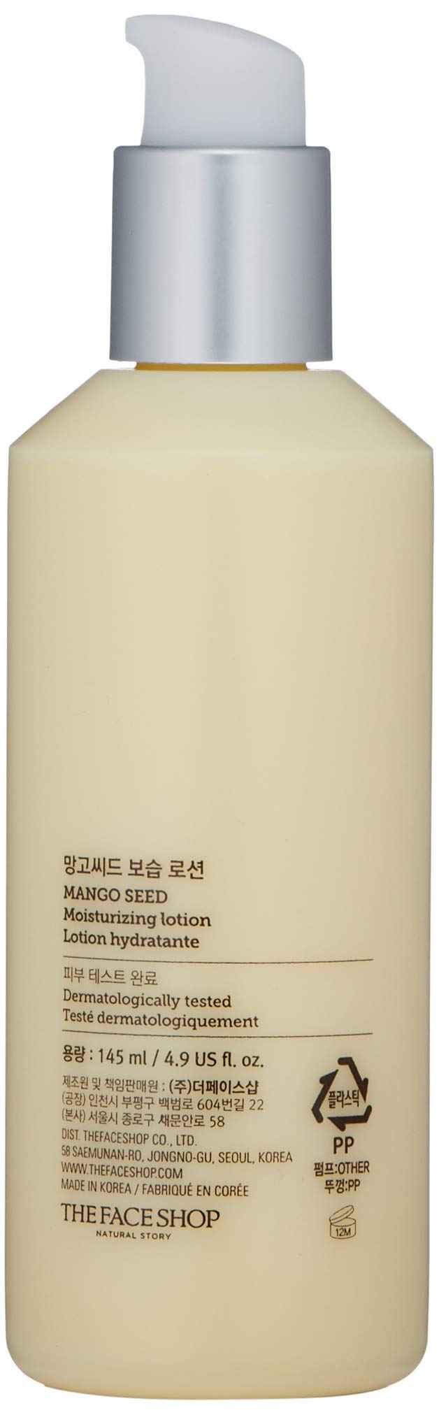 THE FACE SHOP Mango Seed Moisturizing Lotion | Ultra-Moisturizing Lotion for Healthy Radiance to Dry & Flaky Skin | Intense Hydrating & Nourishing Skincare, 4.9 Fl Oz (Pack of 1)