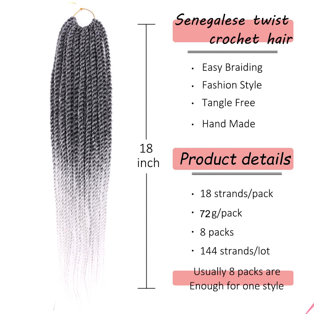 8 Packs Havana Twist Crochet Hair Silver Gray Senegalese Twist Medium Crochet Braid Omrbe Grey Crochet Braids Hair For Black Women Prelooped Twist Syntehtic Braiding Hair Extensions (Tgrey#)