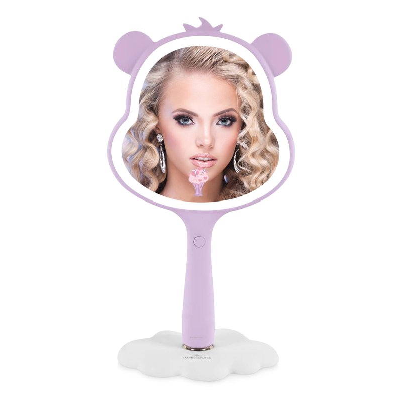 Impressions Vanity Care Bears Share Bear LED Handheld Makeup Mirror for Desk, Lighted Travel Makeup Mirror with Detachable Standing Base, Ultra Bright Adjustable Lighting and Figural Shaped (Purple)