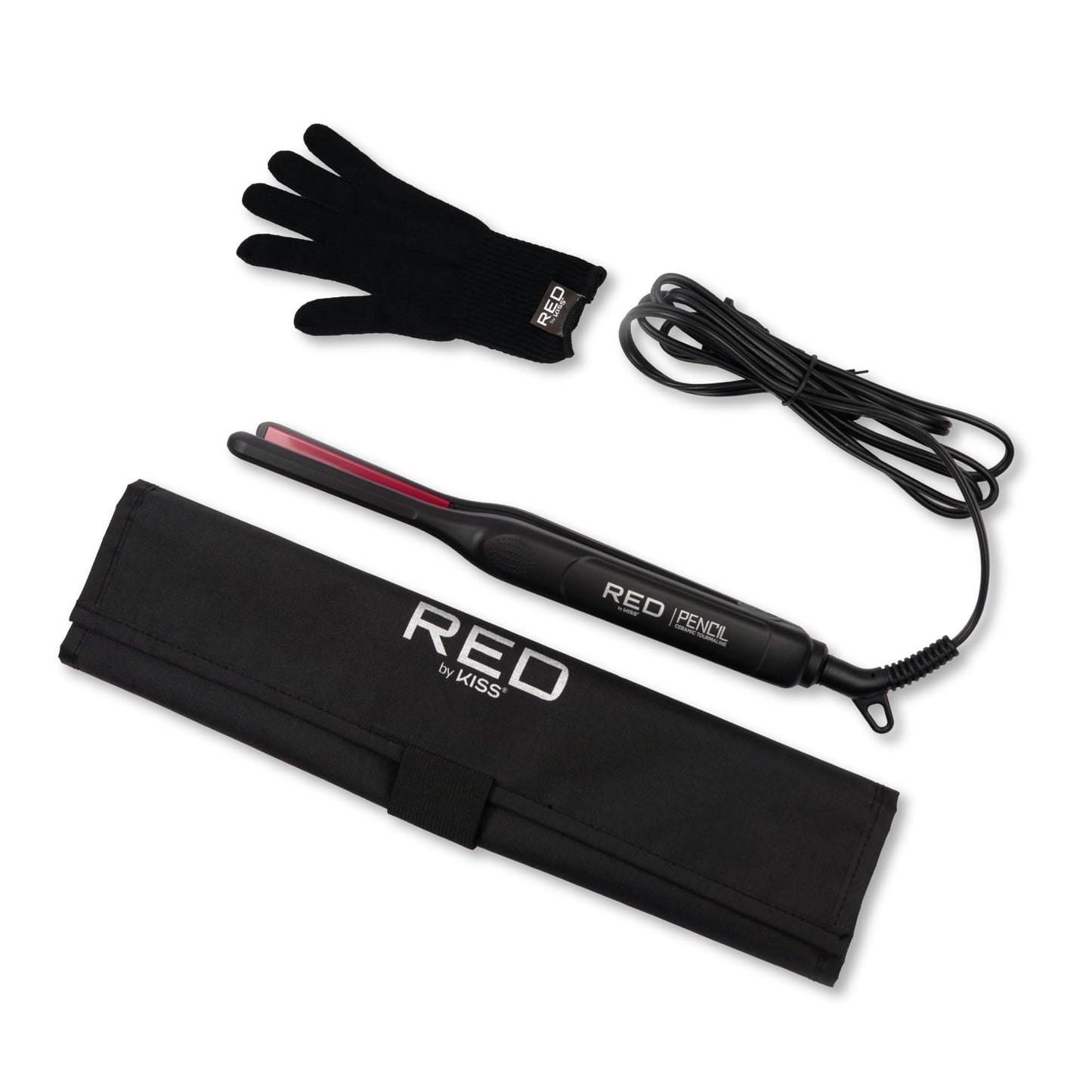 Red by Kiss Pencil Flat Iron, 0.3 Inch Tourmaline Ceramic Mini Hair Straightener, Up to 450°F for Short to Medium Hair, Pixie Cuts, Bangs & Edges, Includes Travel Pouch & Heat-Resistant Glove