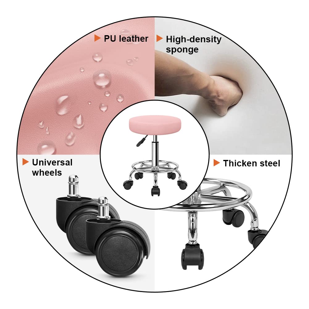 KKTONER PU Leather Round Rolling Stool with Foot Rest Swivel Height Adjustment Spa Drafting Salon Tattoo Work Office Massage Stools Task Chair Cushion 14 inches(Pink)