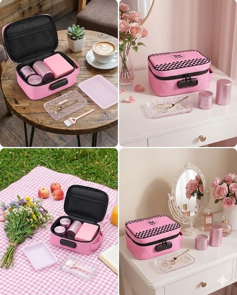ANZOME Large Smell Proof Bag with Lock, Pink Lockable Storage Case, Activated Charcoal Odor Control, Waterproof Zipper Travel Organizer Pouch, Stash Box Alternative with 7 Accessories for Home & Trips