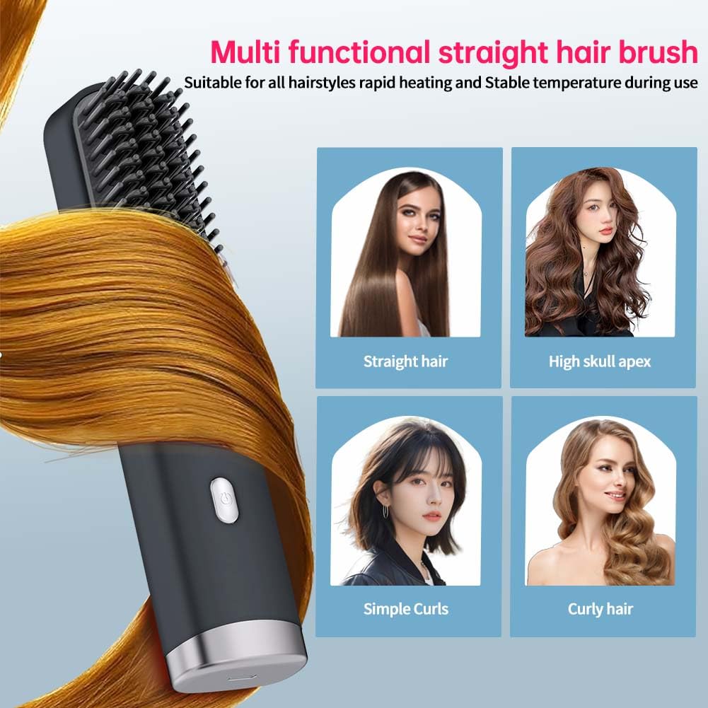 Cordless Hair Straightener Brush Portable on The go Comb for Travel USB chargingTwo Power sources30s Fast HeatingLCD Large Screen Display (Black) 040404