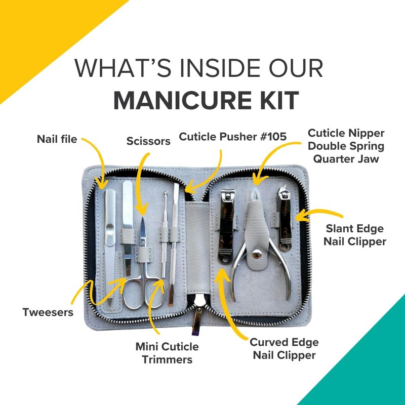 Pro Stainless Steel 8-Piece Manicure Kit - Precision Cuticle Nipper & Metal Pusher | Home & Salon Use