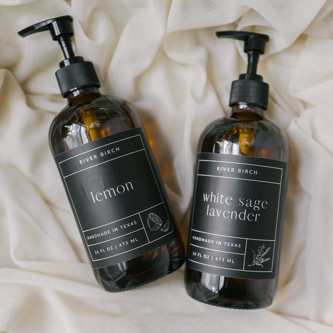 Lemon Scented Natural Hand Soap - Moisturizing Vegan Soap with Amber Glass Dispenser | 16 Fl Oz