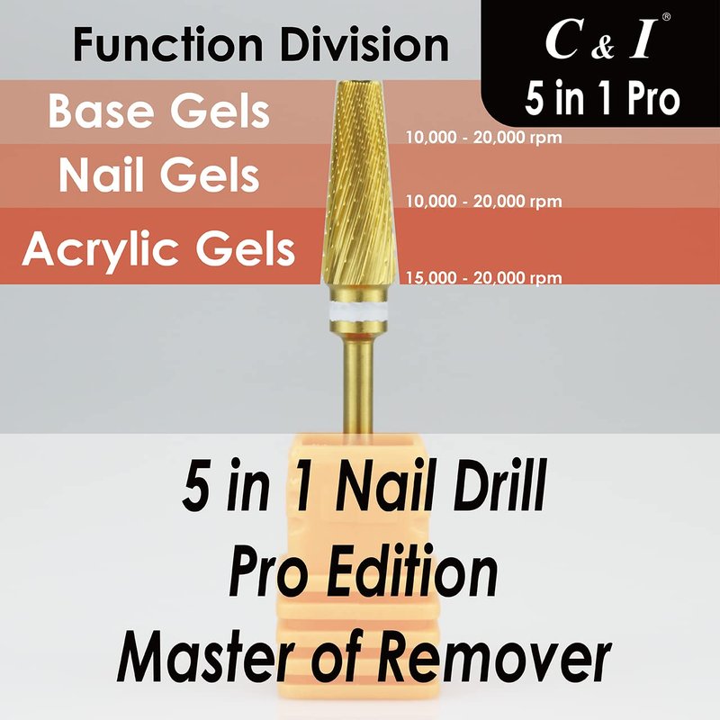 C & I 5 in 1 Nail Drill Bit, Mixed Sizes Edition, Cross Teeth, 2 Way, Professional Multi-function Nail Drills for Electric Manicure Drill Machine, Shank 3/32” (Pro)