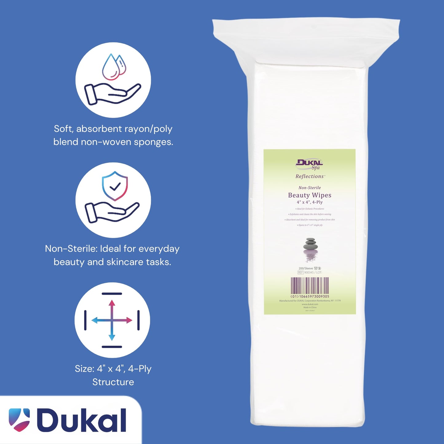 Dukal 900345 Beauty Wipe, 4" x 4", Pack of 200