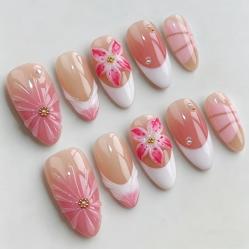 Luxury Press-On Nails - Medium Almond 3D Unique Design | Reusable ABS Material, White French Tip with Pink Flower Pearls