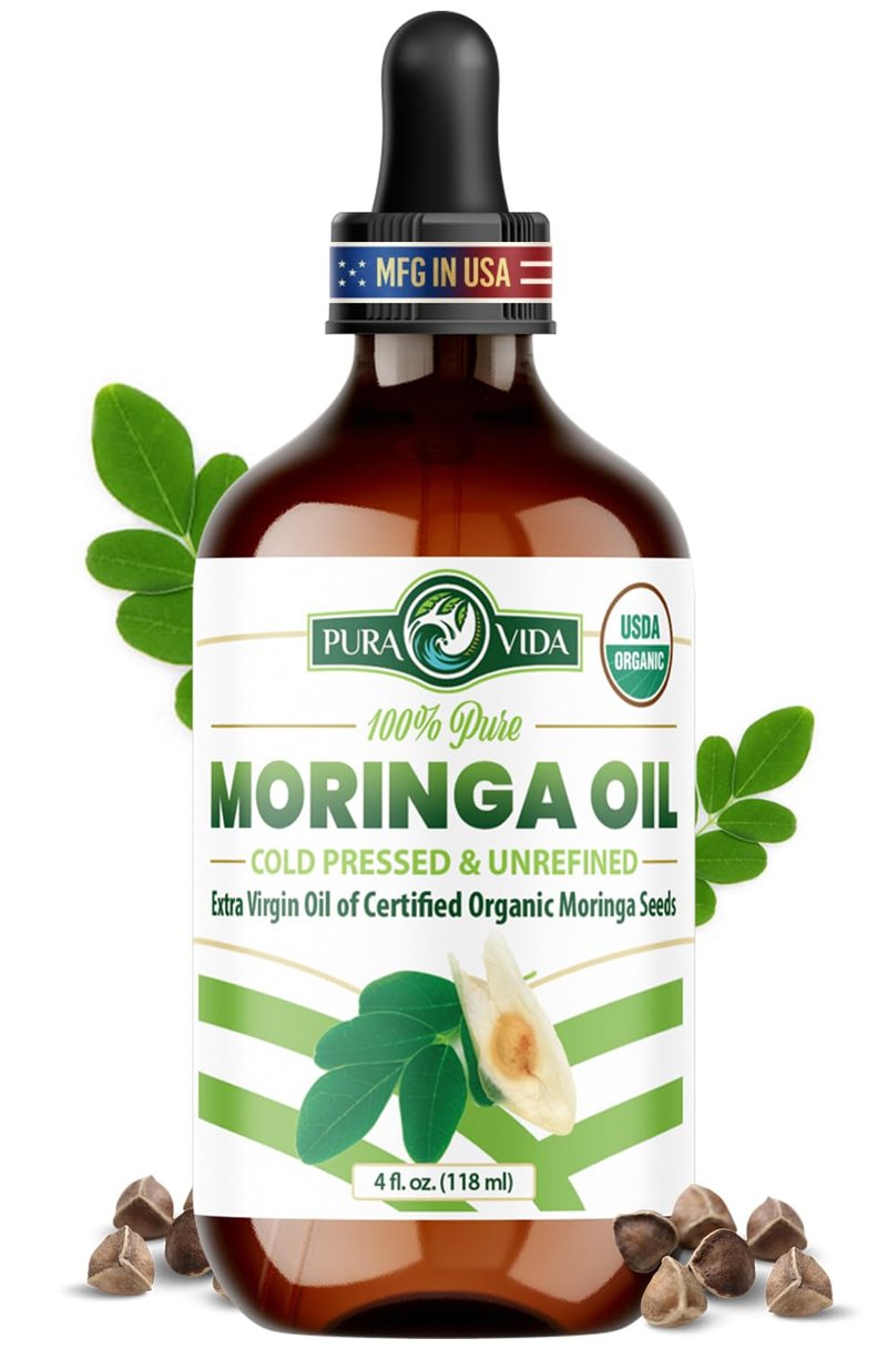100% Pure Moringa Oil Organic for Face, Hair, Nails and Dry Skin - USDA Certified Single Origin Moringa Oleifera Seeds Extract - 3rd Party Tested, Cold Pressed & Unrefined Organic Moringa Seed Oil