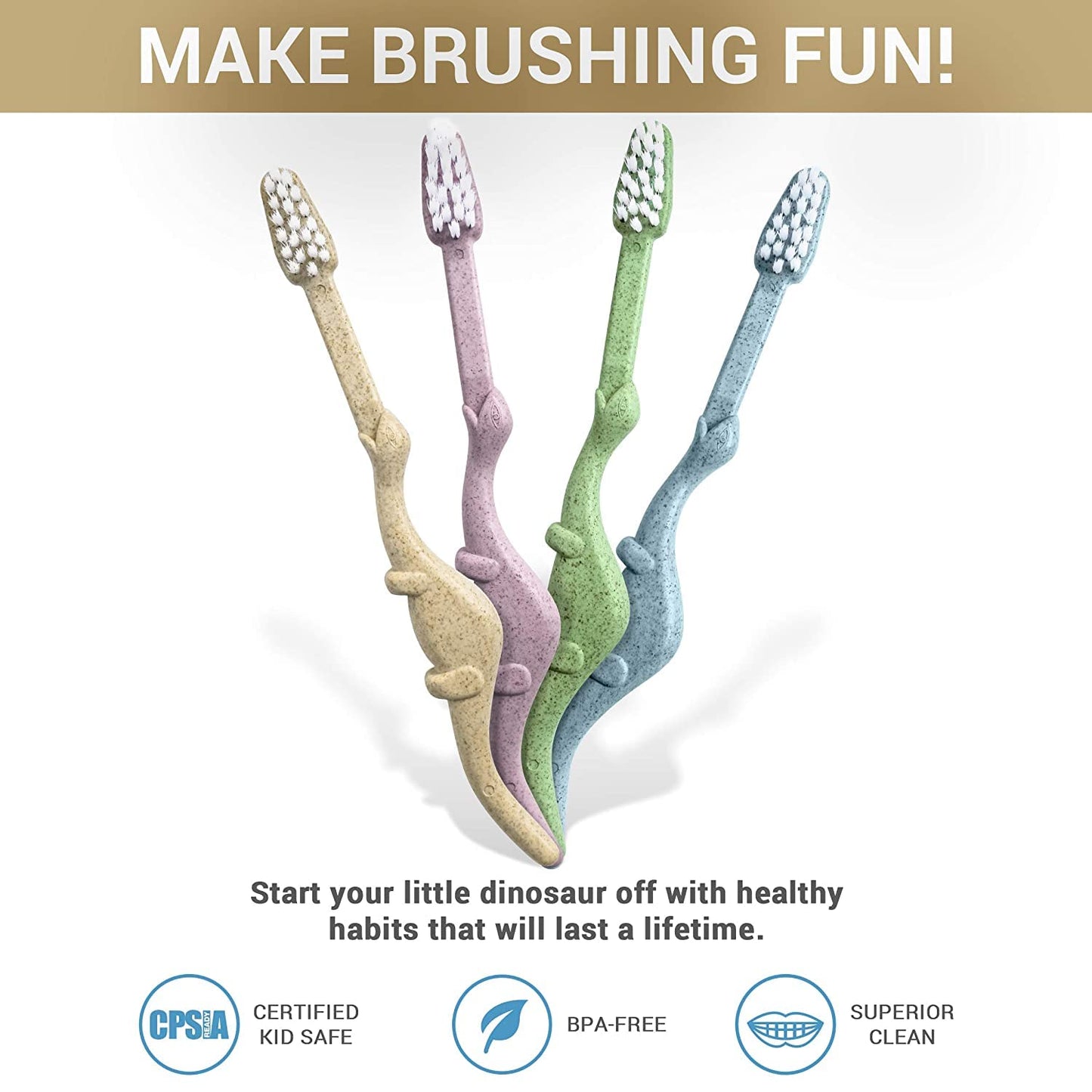 ANPEI ROARex Vegan Kids Toothbrush | Dino Design | Biodegradable & Compostable Natural Plant-Based Toothbrush | Dinosaur Theme | 1% for the Planet