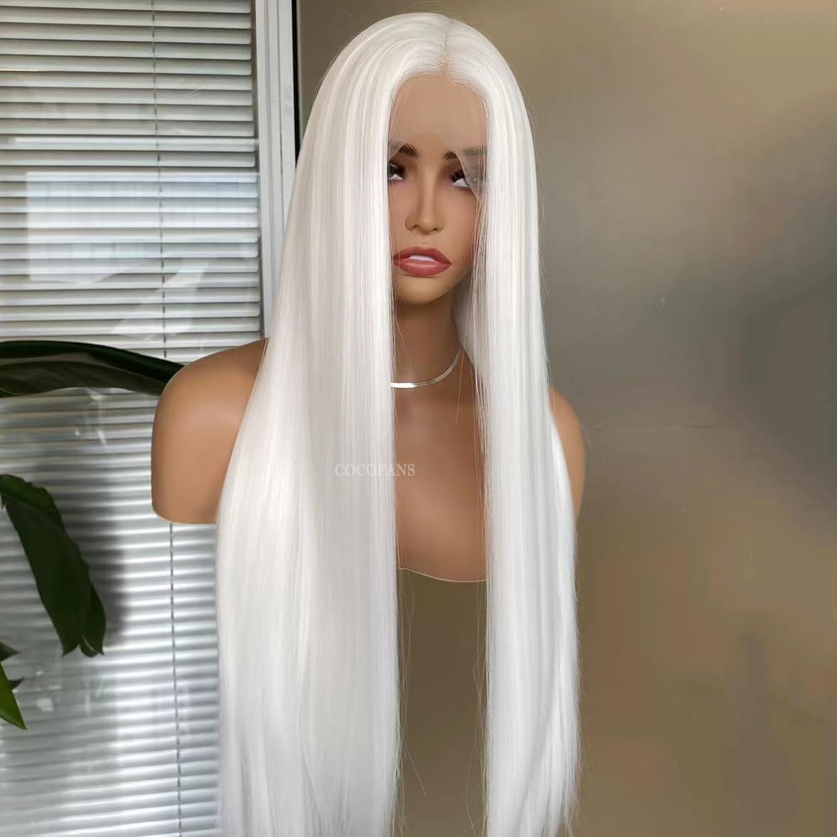 COCOFANS Long Silky Straight White Synthetic Lace Front Wigs for Women