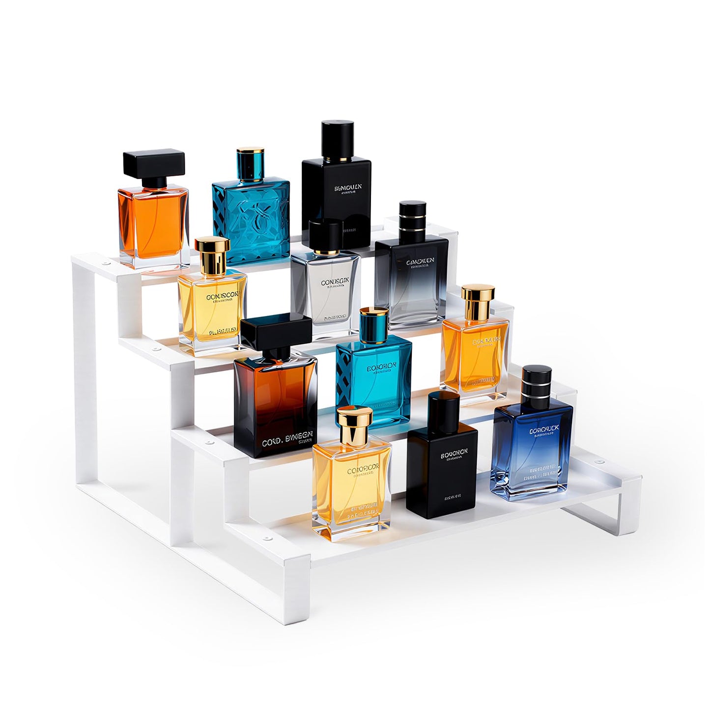 GOENDR Cologne Organizer for Men, 11.8 inch 4 Tier Metal Perfume Organizer Stand, Versatile Step Display Risers Shelf for Fragrance, Skincare, Figurine, Cupcake, Dessert, Spice, 1 Set White