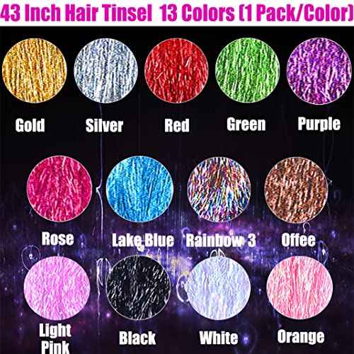 13 Colors Hair Tinsel with Tools Kit 43 Inch 2600 Strands Tinsel Hair Extensions Sparkling Shiny Hair Pieces for Christmas Cosplay Party Halloween with 13Pcs Synthetic Feather