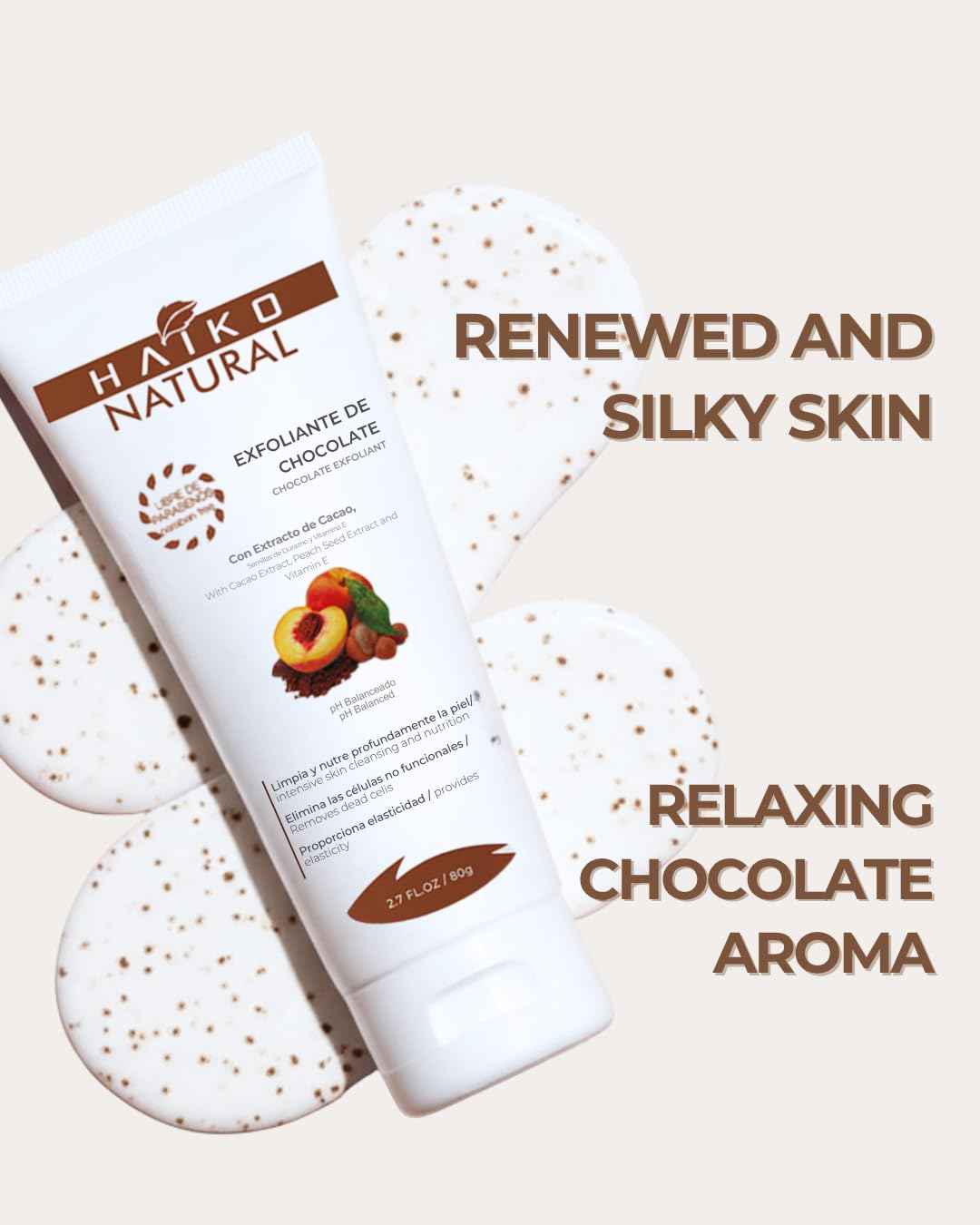 HAIKO NATURAL Chocolate Body Scrub with Cocoa Extract, Peach Seed Powder & Vitamin E. Exfoliates, Nourishes & Revitalizes Skin. Non-Greasy & Paraben-Free - 2.7 FL.OZ / 80g