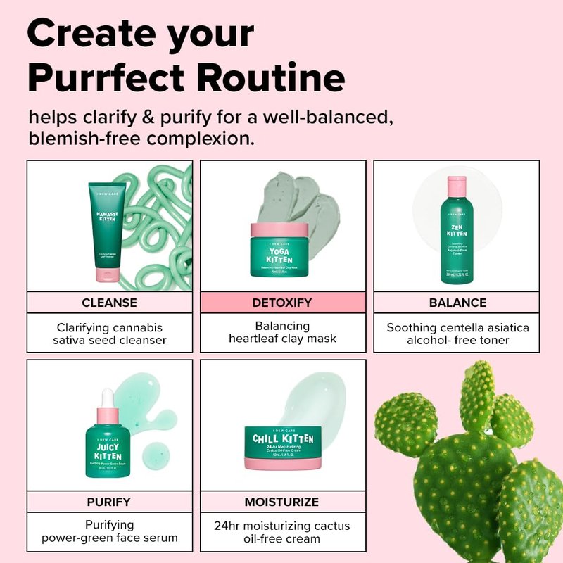 I DEW CARE Heartleaf Clay Mask - Yoga Kitten | Wash-off, For Blemish-prone with Kaolin, Heartleaf, Tea Tree Extract, Home Spa, Korean Skincare, Glass Skin Look, Soothing, Christmas Gifts, 2.5 FL Oz