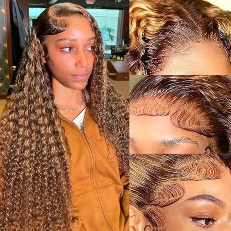 28 Inch Highlight Deep Wave Lace Front Wigs Human Hair 200% Density 13x4 Deep Curly Human Hair Wig Pre Plucked P4/27 Ombre HD Lace Frontal Wigs for Women