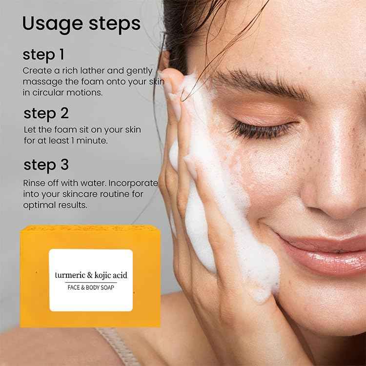 Turmeric Kojic Acid Soap Bar for Dark Spots Reduce, Deeply Cleaning Face & Body with Hyaluronic Acid, Collagen - Nourishing & Deep Hydration, Vitamin E for Glowing Skin (3)