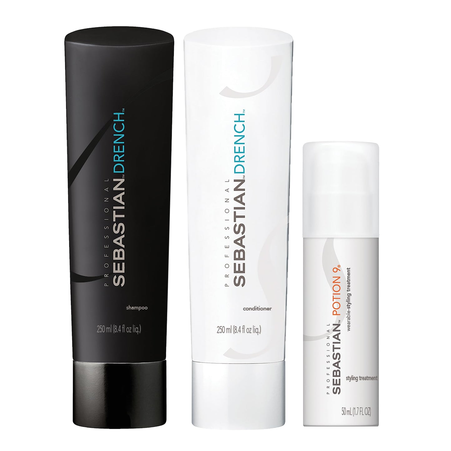 Sebastian Professional Drench Shampoo & Conditioner 8.4 fl oz, and Trial Size Potion 9 Leave-in Styling Treatment, 1.7 fl oz | Deep Moisturizing Trio Kit for Dry, Frizzy, or Chemically Treated Hair