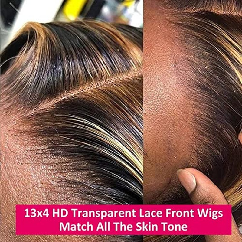 Highlight Ombre 13x4 Deep Wave Lace Front Wig Human Hair for Women 180% density HD Transparent Honey Blonde P4/27 Glueless 13x4 Curly Frontal Wig Pre Plucked with Baby Hair Super Soft 20inch