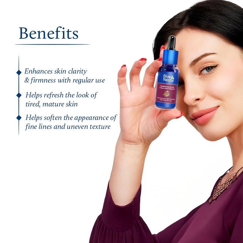 Blue Nectar Manjistha & Berry Face Serum | Helps Reduce the Appearance of Wrinkles & Improves the Look of Skin Firmness | Vitamin C & E Face Serum for Women & Men (13 Herbs, 1fl oz)