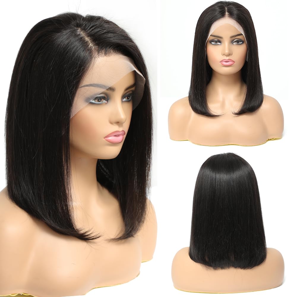 ASUTTRY Bob Wig Human Hair 200 Density Virgin Remy Hair Double Drawn Human Hair Wig 3x Longer Lifespan 13x4 HD Lace Front Wigs Human Hair Pre Plucked Bone Straight Short Bob Natural Black 10”