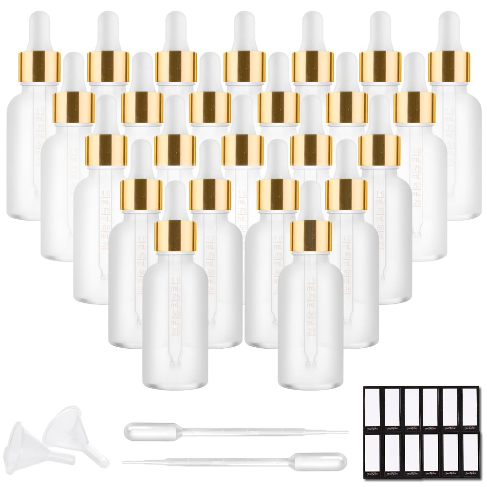 PrettyCare 1oz Glass Dropper Bottle Set of 24, Thick Rose Frosted Glass Bottles Empty with Leakproof Caps, Labels, Funnels - 30ml Eye Dropper Bottles for Storage, Travel, Essential Oils, Tincture