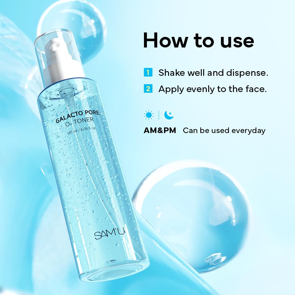 SAM'U Galacto Pore O2 Toner, Pore Refining & Hydrating Hyaluronic Acid Toner with PHA & Alcohol-Free Witch Hazel, Gentle Exfoliating Daily Care, Face Toner for Women, 6.08 fl oz
