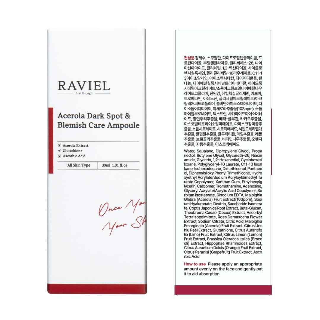 RAVIEL Acerola Dark Spot & Blemish Care Ampoule – Vitamin C Serum for Dark Spots, Uneven Tone, Dull Skin & Skin Clarity, Korean Skincare, 30ml 1.01 fl oz