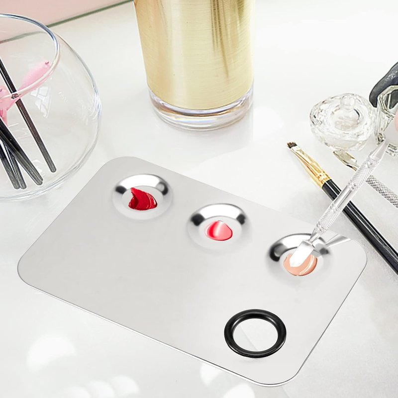 Stainless Steel Cosmetic Palette Set - 6 Pack 6x4 Inch Mixing Trays with Spatula for Makeup, Nail Art & Foundation Blending | Silver