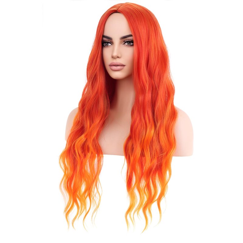MAGQOO Orange Ombre Flame Fire Wig Long Curly Wavy Ombre Orange Wigs for Women Girls Middle Part Heat Resistant Hight Density Synthetic Wigs