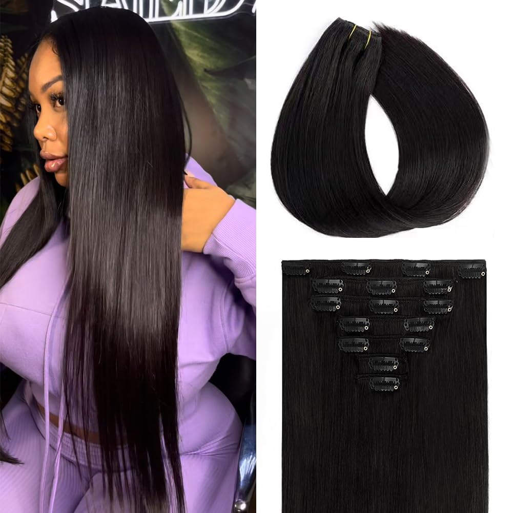 Clip In Hair Extensions - 18 Inch Invisible Seamless Real Human Hair | 1B Natural Black, 95g Double Weft
