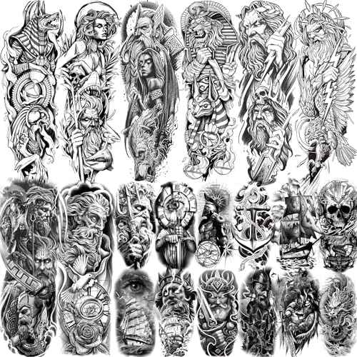 20 Sheets Black Zeus God Full Arm Temporary Tattoos For Men Adults Thigh, Bulk Temp Egypt Judgement God Albis Medusa Poseidon Fake Sleeve Tattoos For Women, Halloween Tattoo Sticker Anchor Ship Faith