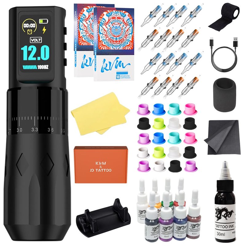 KVM Tattoo Pen Set Adjustable Tattoo Machine Pen Featuring a High-Capacity Battery and 20 Ink Cups, Including 9 Ink Colours. Suitable for Beginners and Professional Tattoo Artists (Tattoo Kits - B)