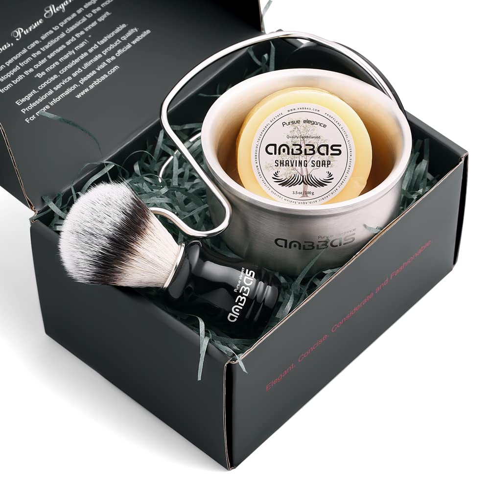 Anbbas Synthetic Badger Shaving Brush Set - 4-in-1 Kit with Stainless Steel Stand & Lathering Foam Bowl | Natural 3.5oz Shaving Soap Puck for Men