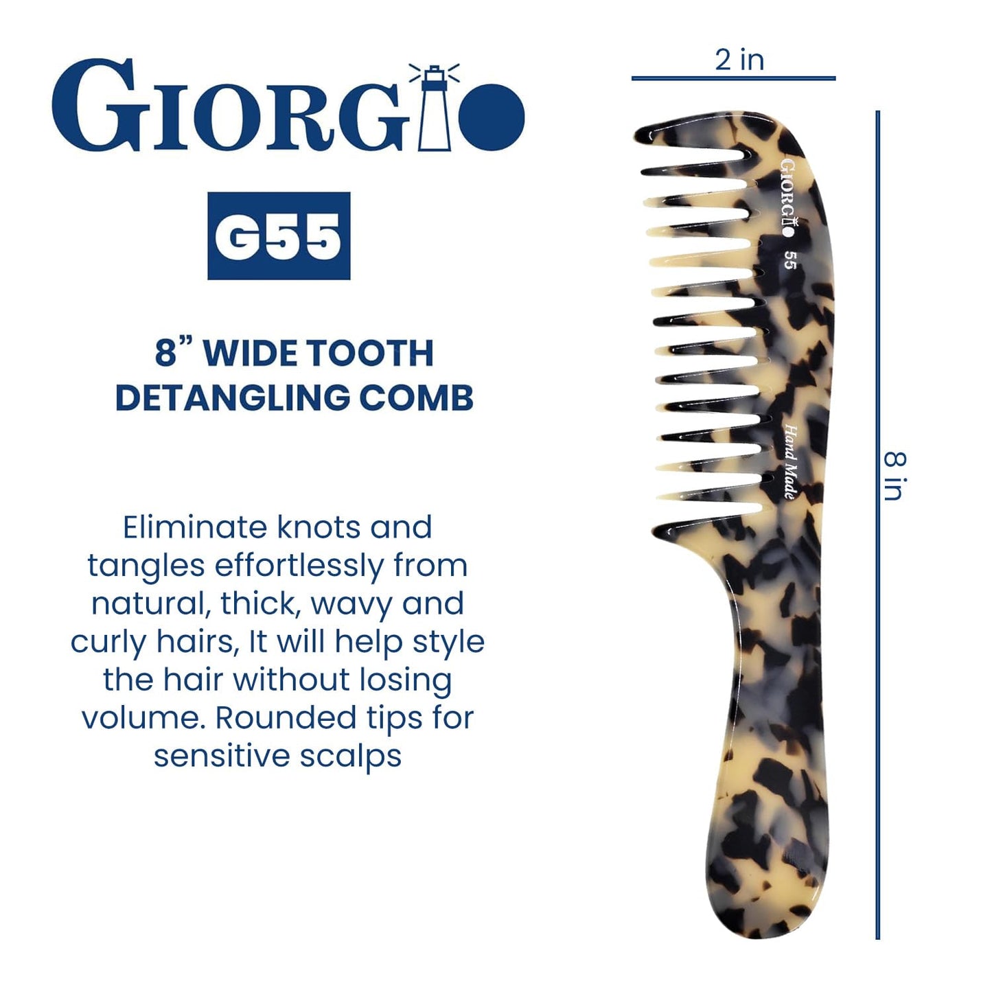 Giorgio G55 TW Wide Tooth Comb for Wet Hair Detangling Comb, Hair Comb for Thin to Medium Thickness Hair Detangler, Hair Combs for Women, Handmade Large Tooth Comb Rake Comb Saw-Cut and Hand Polished
