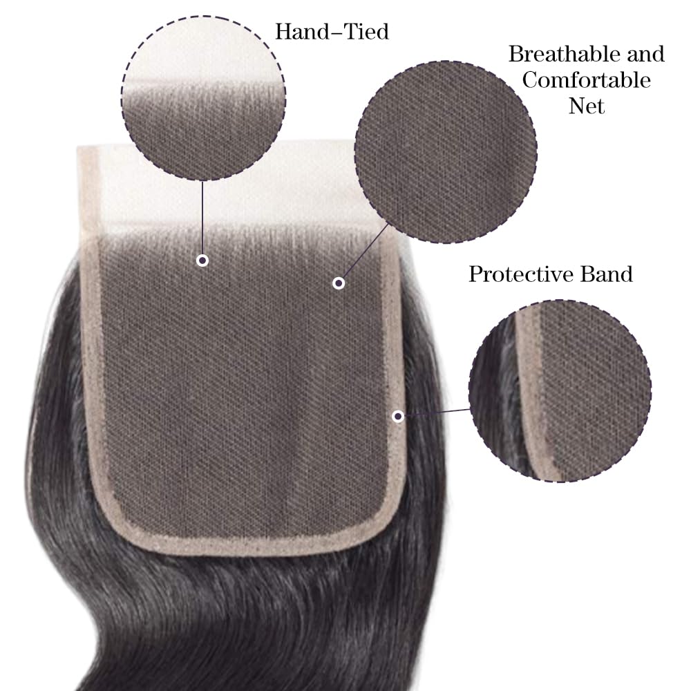 4x4 HD Lace Closure Body Wave Closure Human Hair 16 Inch Lace Closure 100% Unprocessed Brazilian Virgin Human Hair Extensions 150% Density Remy Human Hair Closure Pre Plucked Natural Black