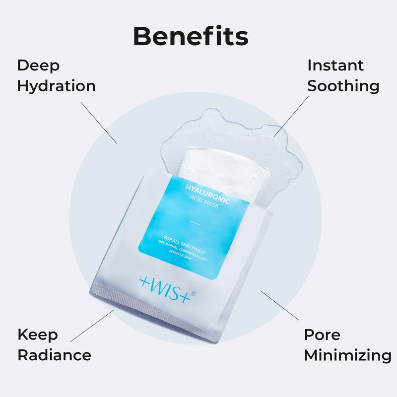 +WIS+ Hyaluronic Acid Face Mask 24 EA with Hyaluronic Acid Serum and Vitamin B5, Facial Mask for Dry Skin, Anti-Aging Mask to Plump and Repair Dehydrated Skin, Safe on Sensitive Skin,gifts for women