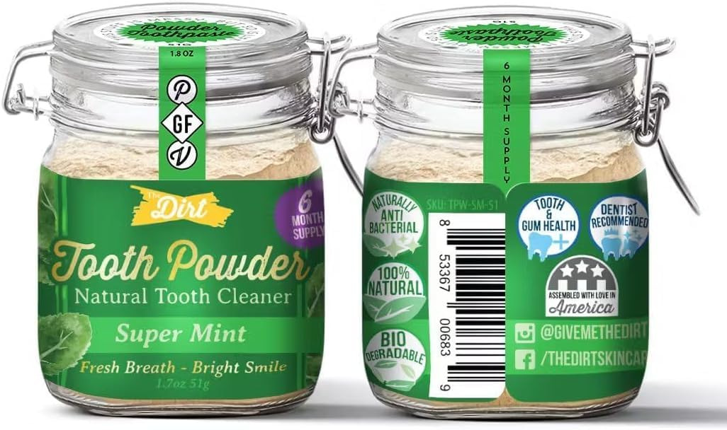The Dirt - Remineralizing Tooth Powder, Natural Fluoride-Free Teeth Whitening Powder with Hydroxyapatite, Flouride & Gluten Free, Organic Vegan (Super Mint, 25g: 3 Month Supply)