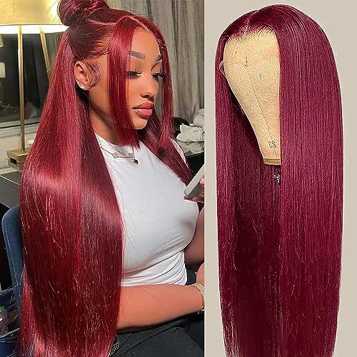 CHEETAHBEAUTY 99j Burgundy Lace Front Wigs Human Hair 16Inch 13x6 Burgundy Wig Human Hair 220% Density Brazilian Virgin Straight Human Hair Wigs for Women Pre Plucked with Baby Hair